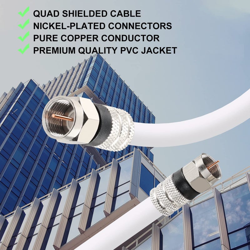 Postta Digital Coaxial Cable(10 Feet) Quad Shielded White RG6 Cable with F-Male Connectors - Image 5